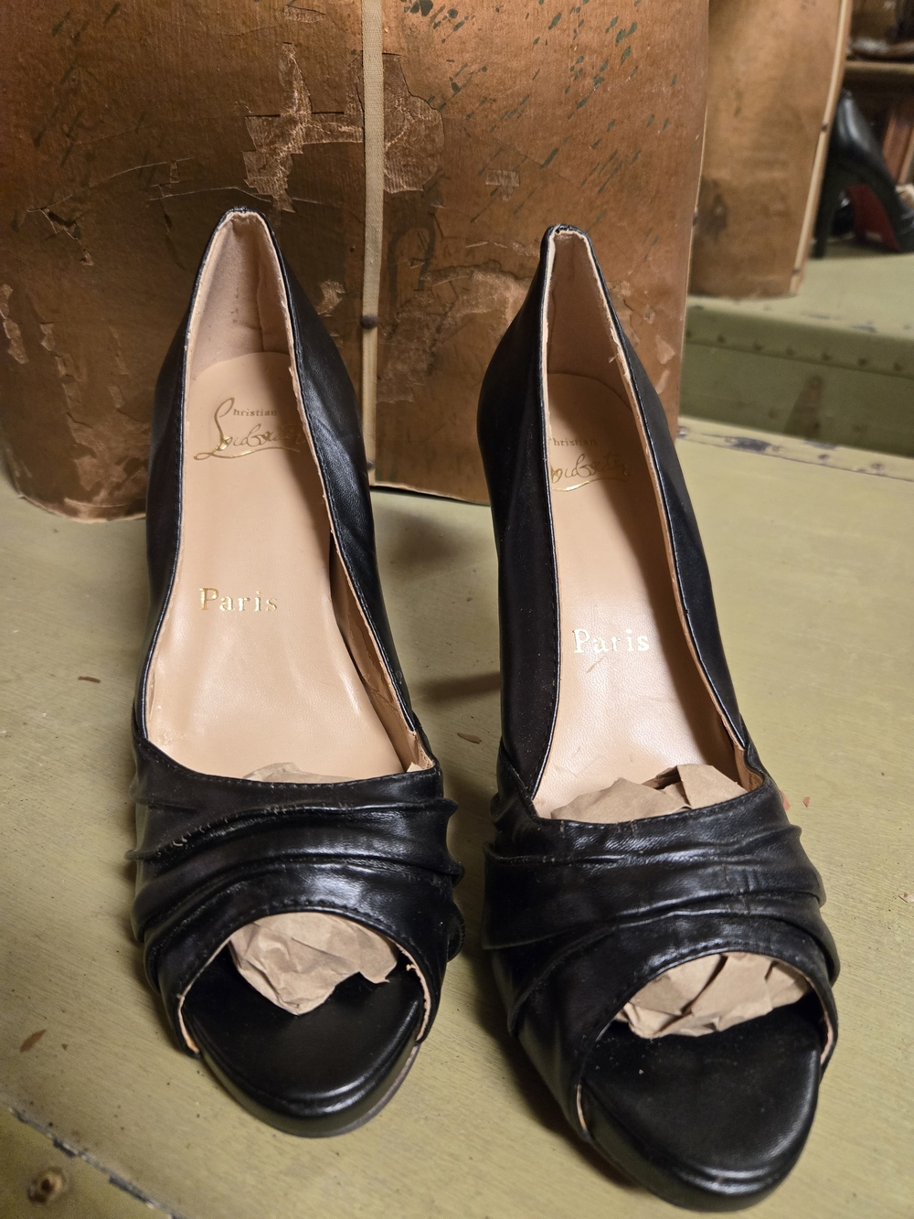 Christian Louboutin Black Leather Peep-Toe Ruched Pumps with Gold Insole - Picture 1 of 11